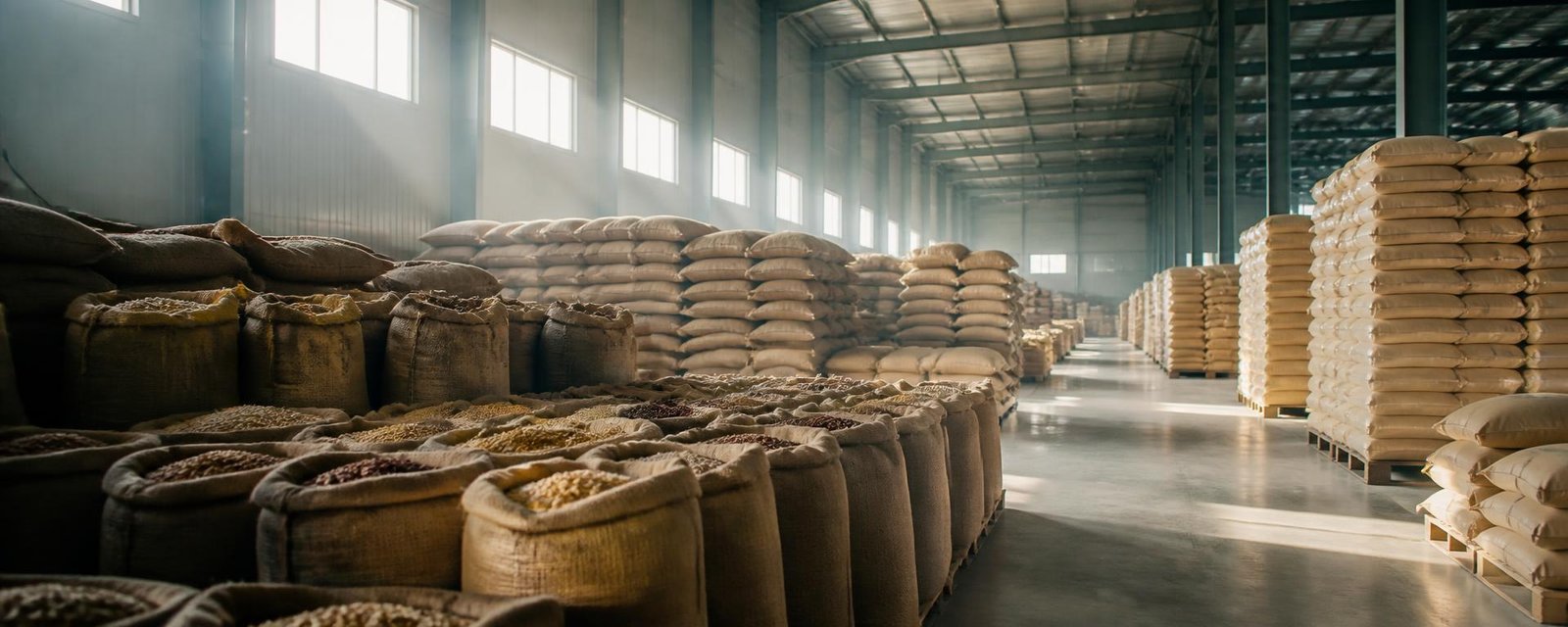 Export warehouse with graded agricultural goods in jute and paper sacks