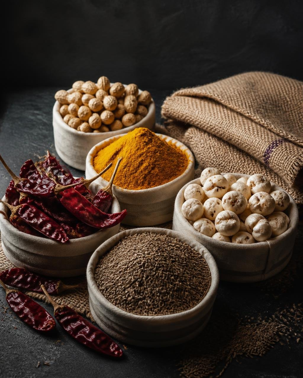 Cumin seeds, dried red chilli, turmeric powder, peanuts and makhana arranged for export